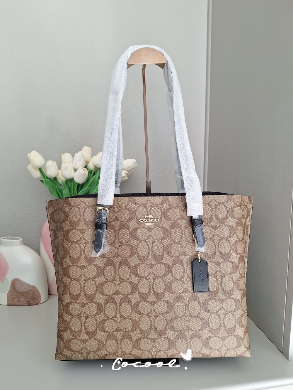 NWT COACH Mollie Large Tote Bag In Signature Canvas & Gold/Leather Khaki Black